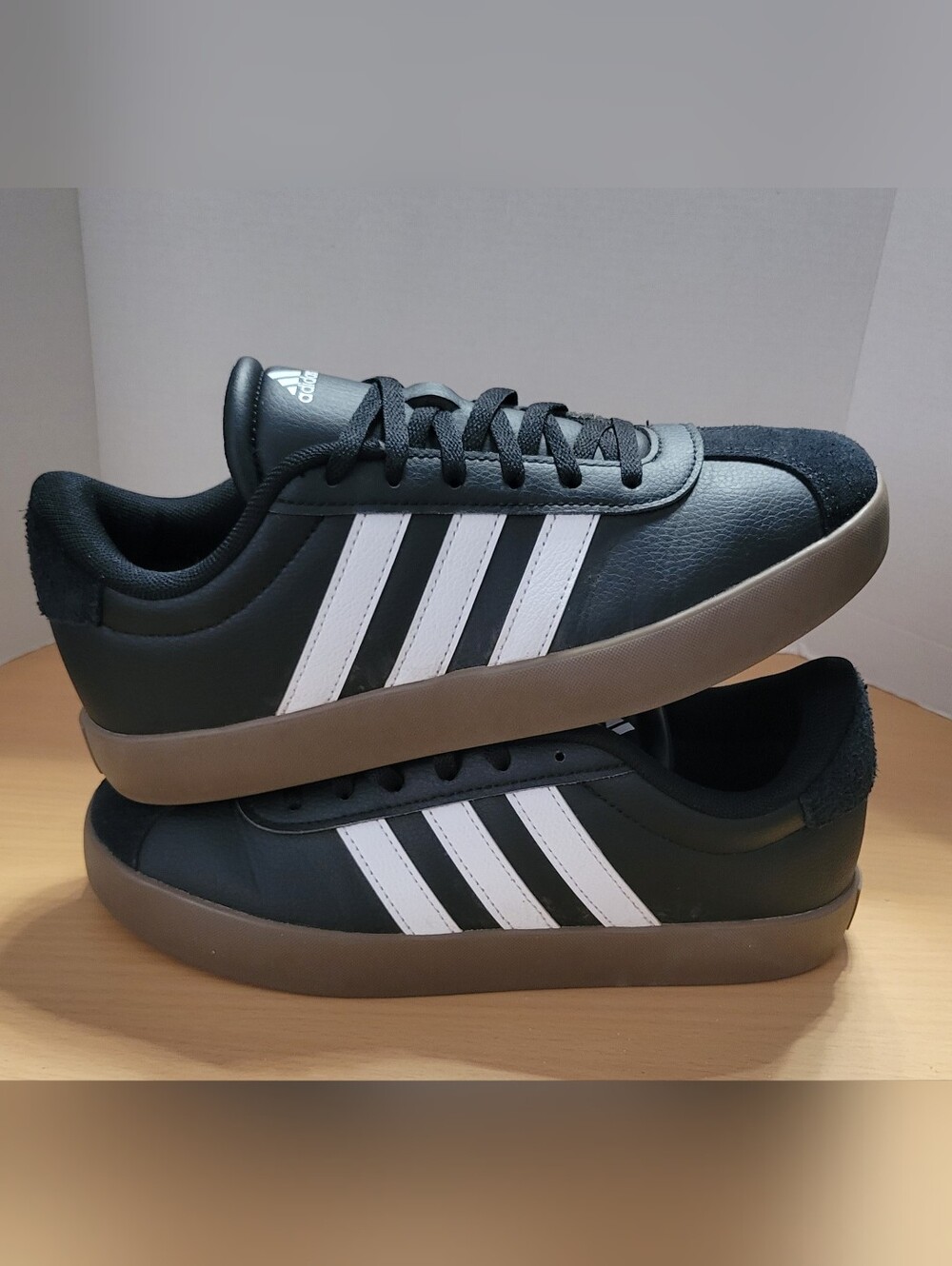 adidas Men's Black Sneakers with White Three Stripes and Brown Sole